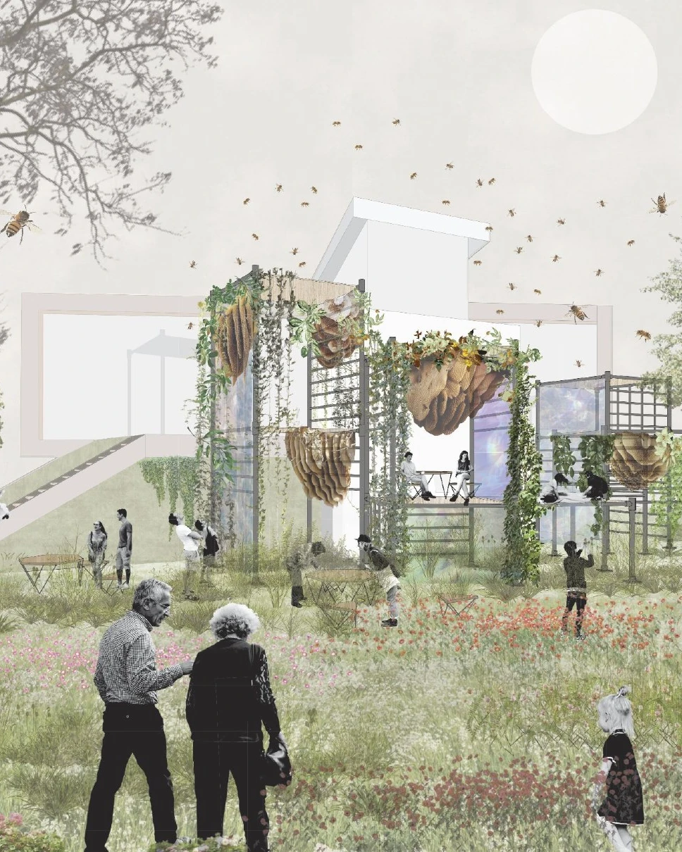 Beeworks ecological design rendering showing a planted outdoor scaffolding structure