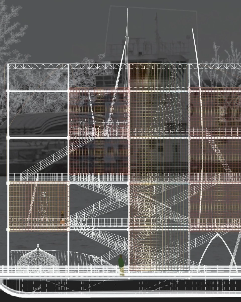 Woven interpretive center elevation and floating structure